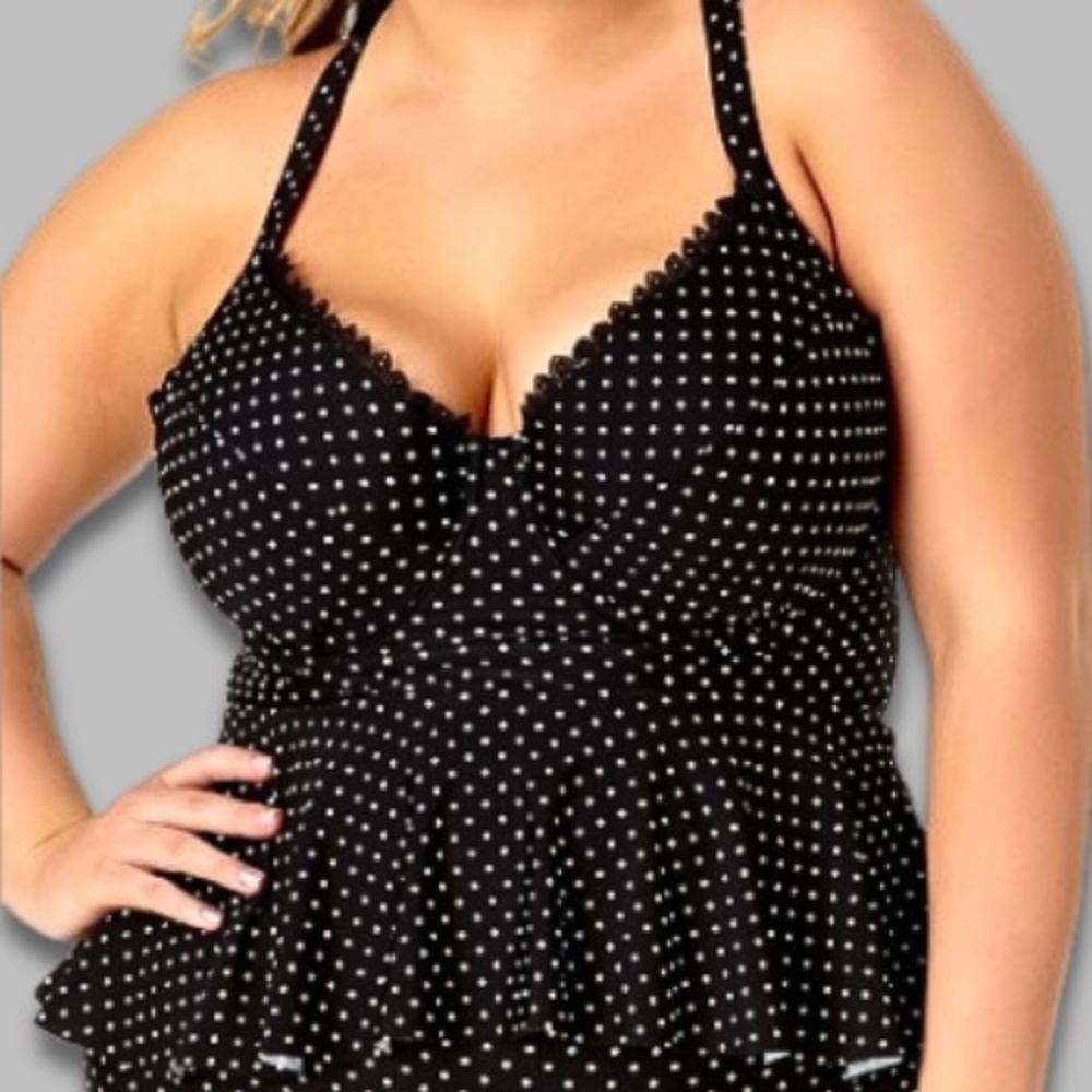 Allure Cross-Back Peplum Tankini Top Polka Dot Black/White Women’s US 1X/16/18